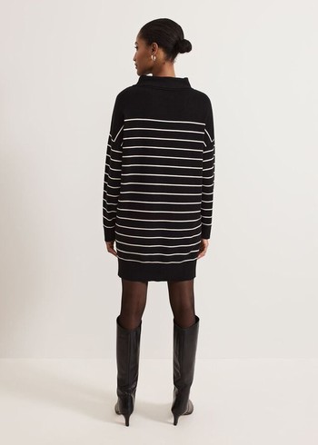 Phase Eight Skylar Stripe Funnel Neck Dress Black/White USA | 5103296-MV